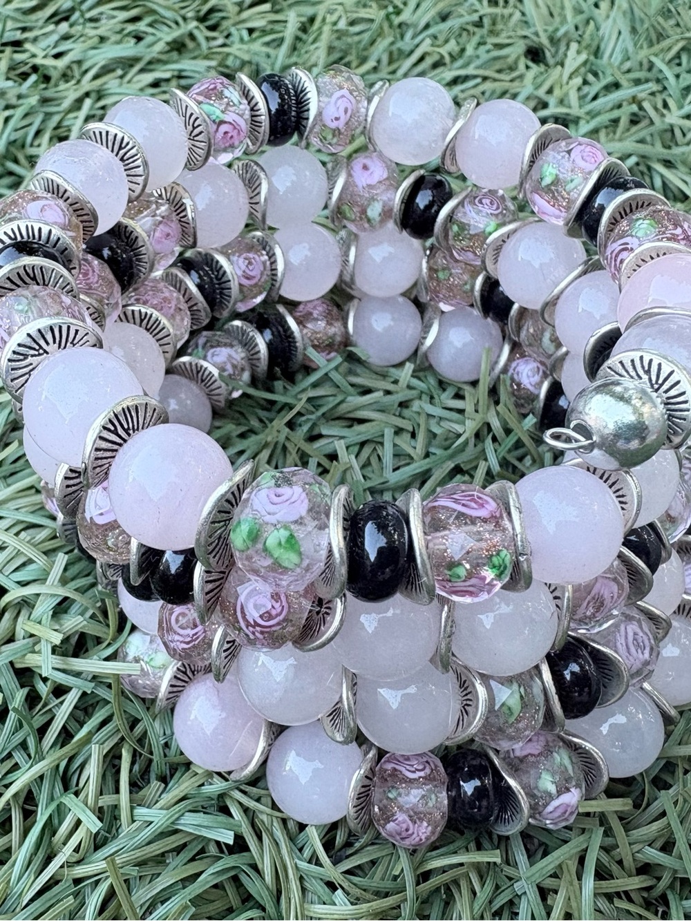 Handcrafted Pink Glass Bead Coil Bracelet - Unbranded